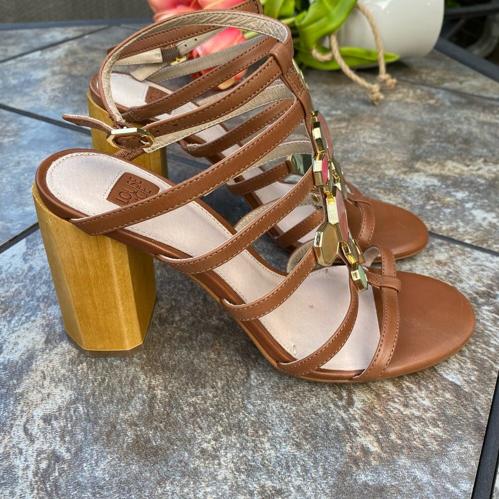 Louise et Cie Leather Jeweled T-Strap Gladiator Block Heel Sandals Cognac Brown - Picture 8 of 13